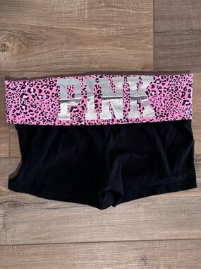 PINK Victoria's Secret Black Athletic Shorts with Pink Leopard Waistband
